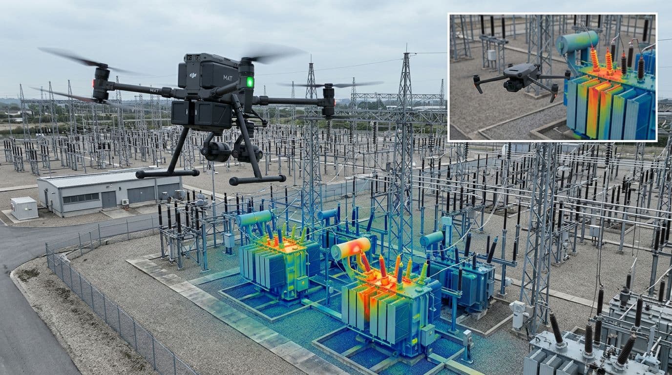 DJI Matrice 4 Thermal drone in flight inspecting industrial electrical substation with thermal overlay highlighting hotspots, featuring inset of DJI Mavic 3 Thermal Advanced from closer range in realistic daylight aerial side view.