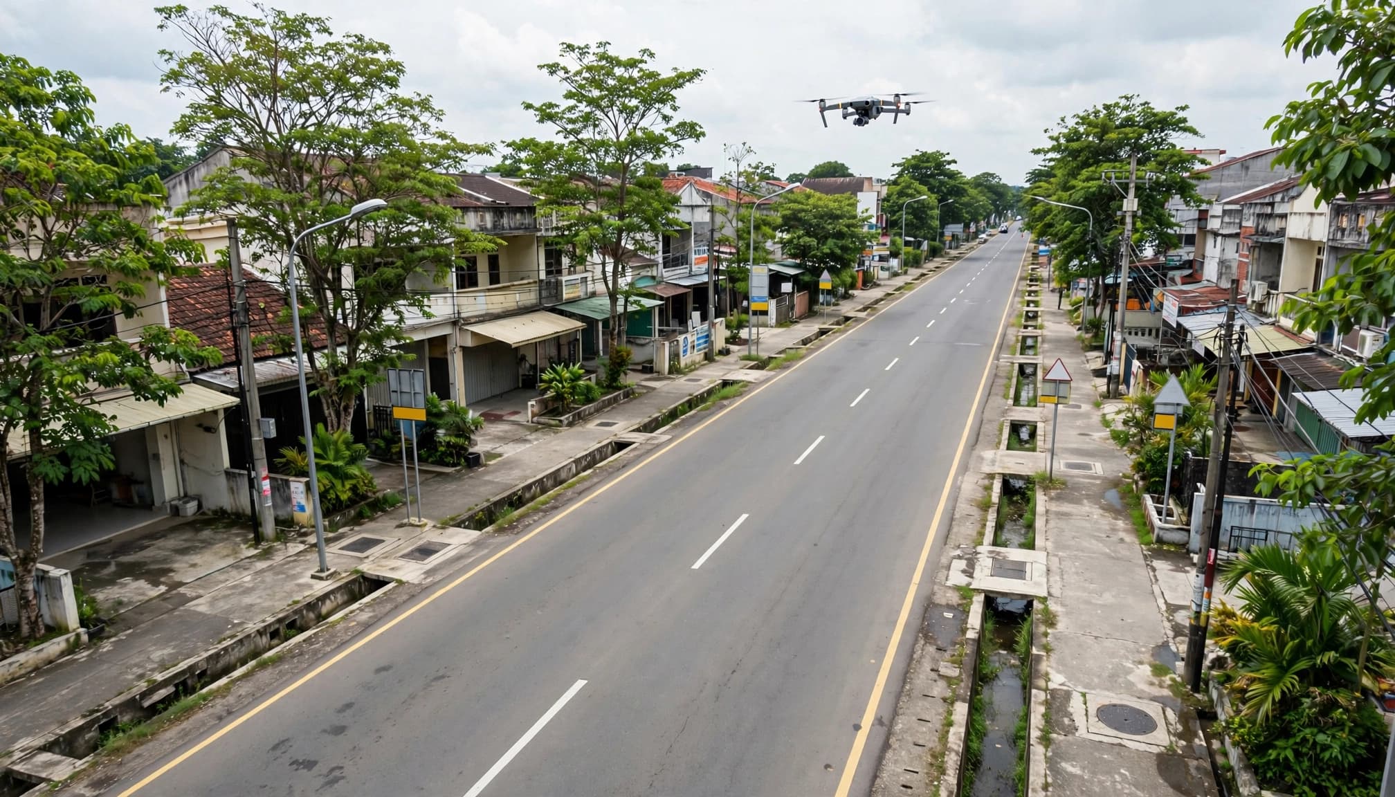 Drone survei terbang di atas jalan perkotaan yang rindang.