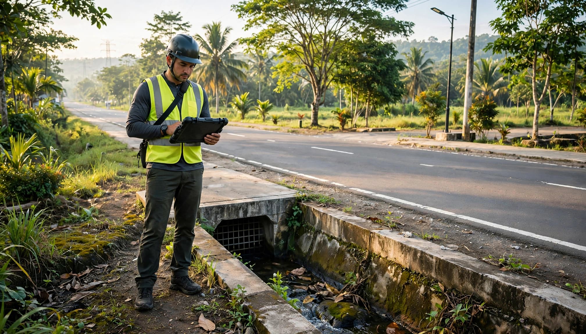 Seorang surveyor meninjau tablet di samping saluran drainase tepi jalan.