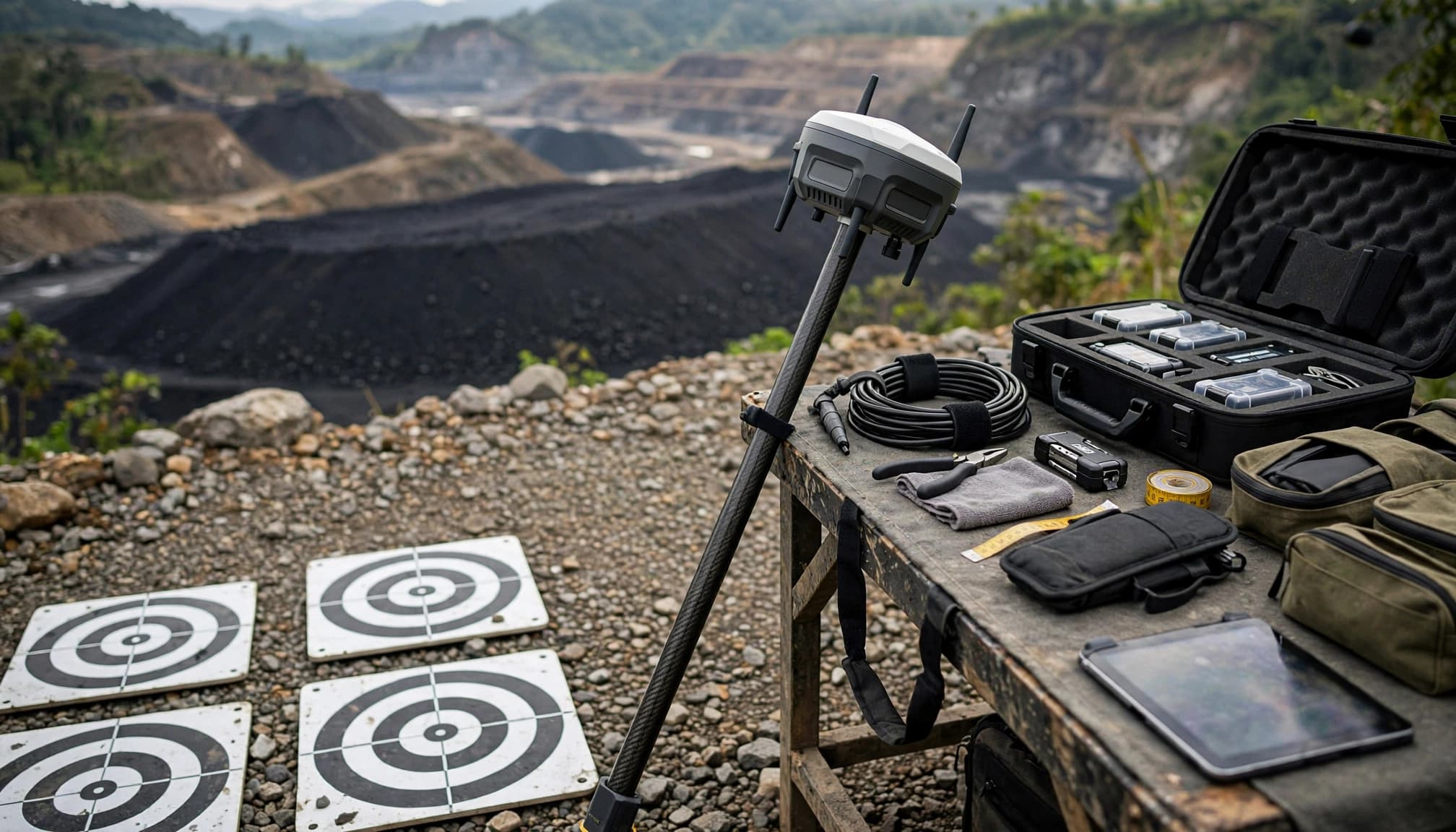 Perangkat GNSS dan target kontrol tertata di meja survei dekat area tambang.