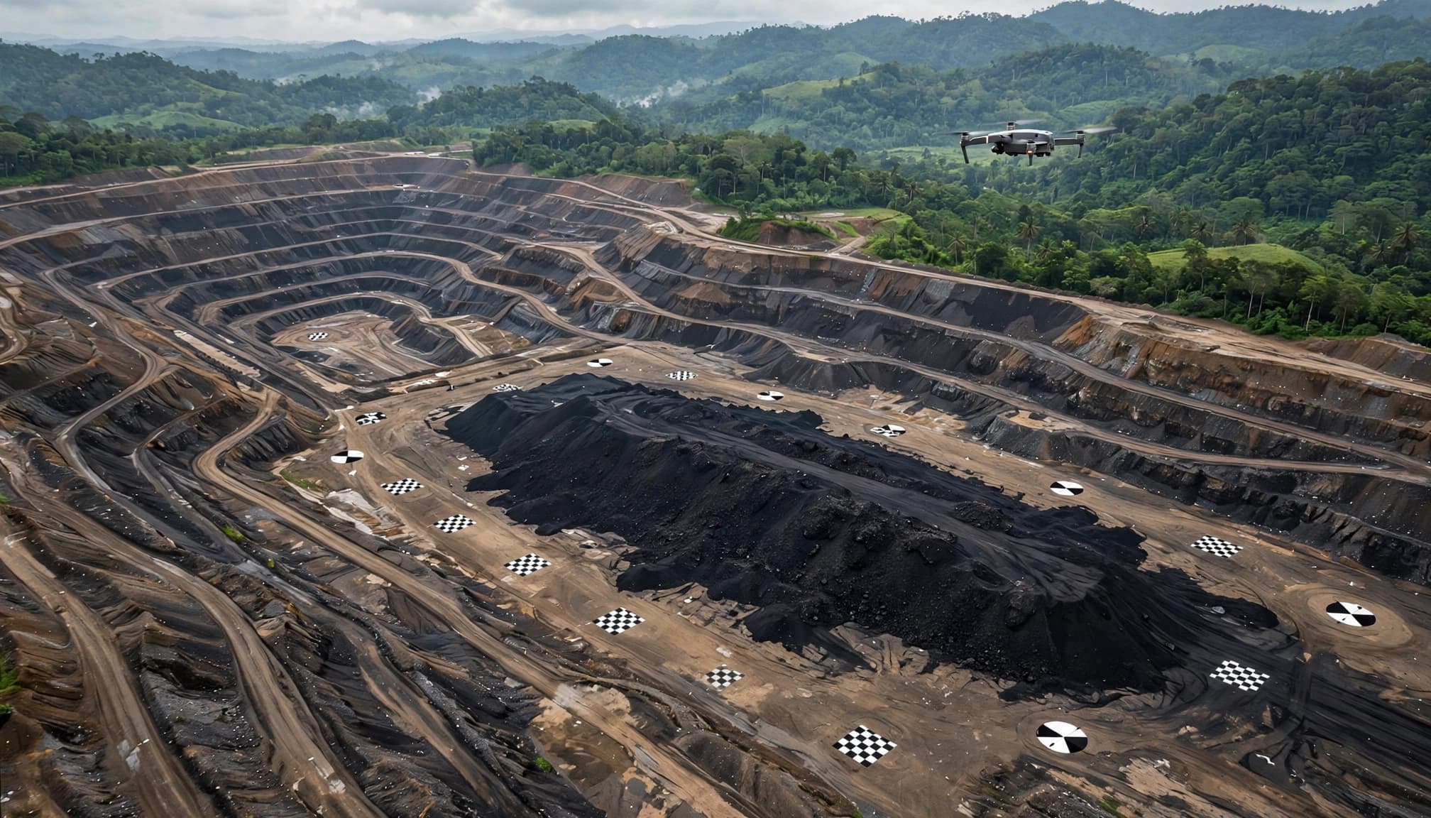 Satu drone terbang di atas stokpile batubara dan target survei.